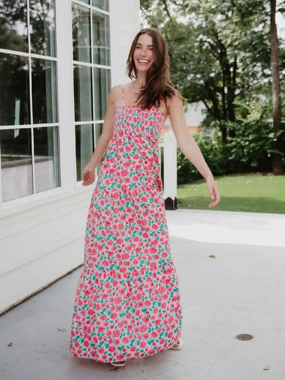 Katydid Pink Rose Print Smocked Maxi Dress